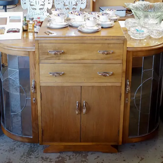 deco rimu sideboard with 2 leadlight and 2 solid doors, 2 drawers H-860 W-1220 D-450