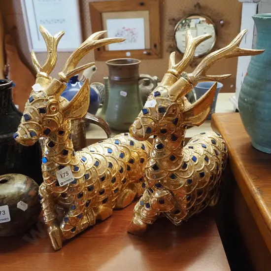 2x gold and mosaic stag figurines
