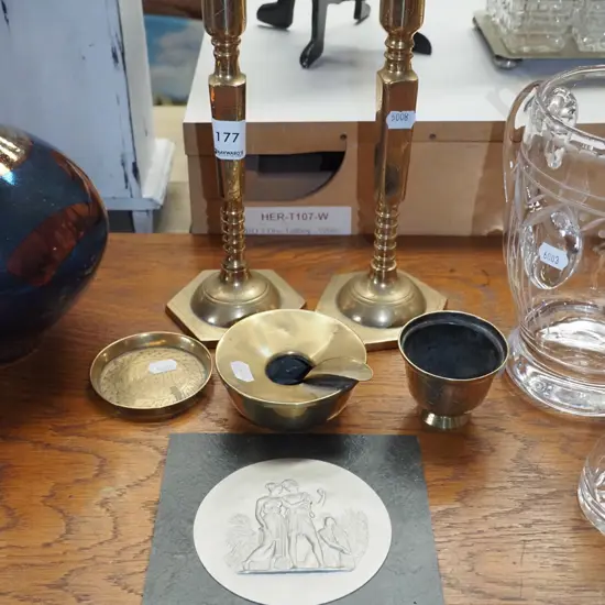 brass ware; ashtray, candlesticks, small bowl etc