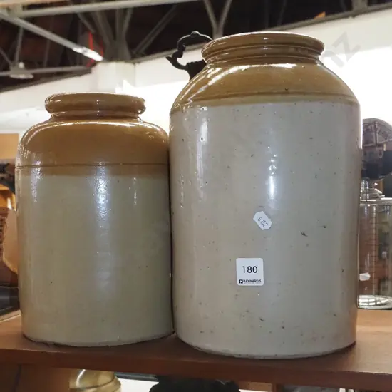 2x stoneware wide mouth crocks