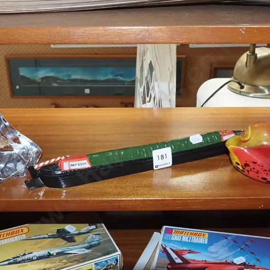 ceramic model canal boat, studio glass ornament, bowl