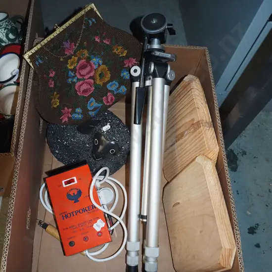 box; tripod, sheep ornament, pokerwork engraver etc
