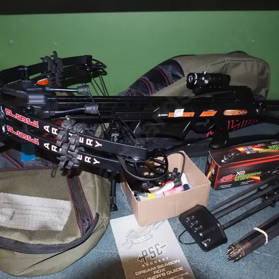 PSE Archery Dream Season RDX cross bow with soft carry case, bolts, 2x scaopes