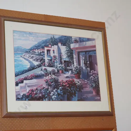 framed print - flowers on patio and coastal scene 