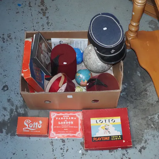 box; vintage games, globes, hats, 