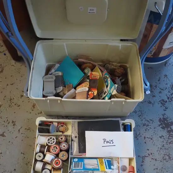 sewing box; threads, pins etc