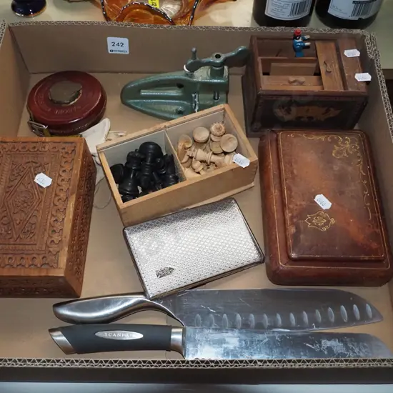 box; novelty cigarette dispenser, knives, chess pieces etc