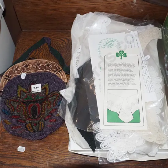 beaded purse, box of Irish linen, lace