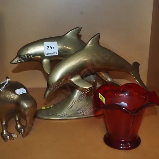 brass dolphin figurines, kiwi figurine, small ruby glass vase