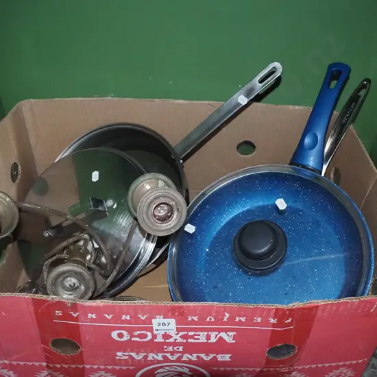 box; frying pan, part brass candelabra