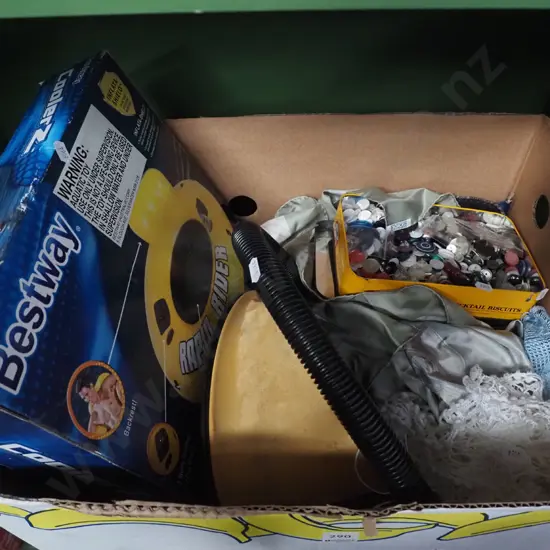 box; inflatable aquatic toy, foot pump, buttons etc