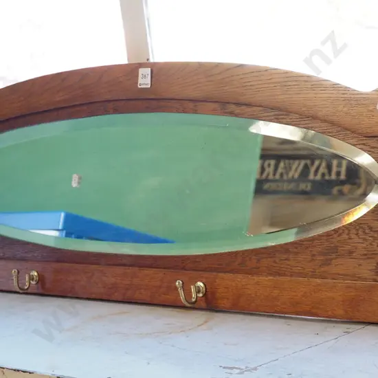 carved oak wall mounted coat hooks with oval mirror H-320 W-1220