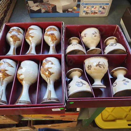 2x boxes of studio pottery goblets - green dots