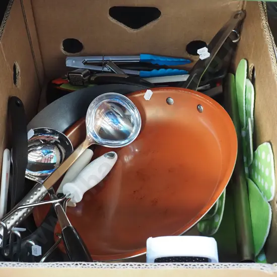 box; frying pans, wok, tongs, utensils etc