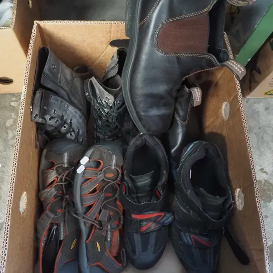 box of foot ware; bike shoes, Blundstone boots etc
