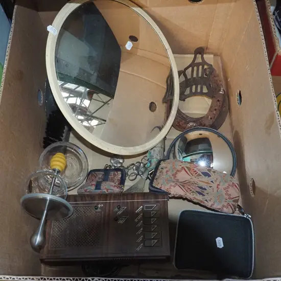 convex security mirror, bedside alarm clock, horse shoes etc