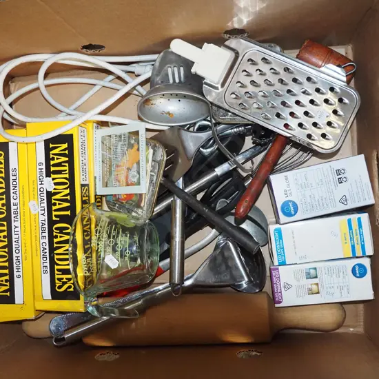 box; candles, kitchen utensils, light bulb set etc
