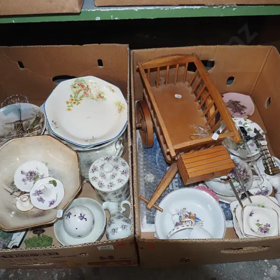 2 boxes; wooden carriage, bowls,  ring dishes, glass ware - red dots