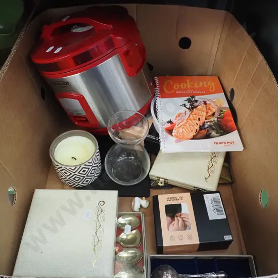 box; steam cooker, cutlery, glass vase etc