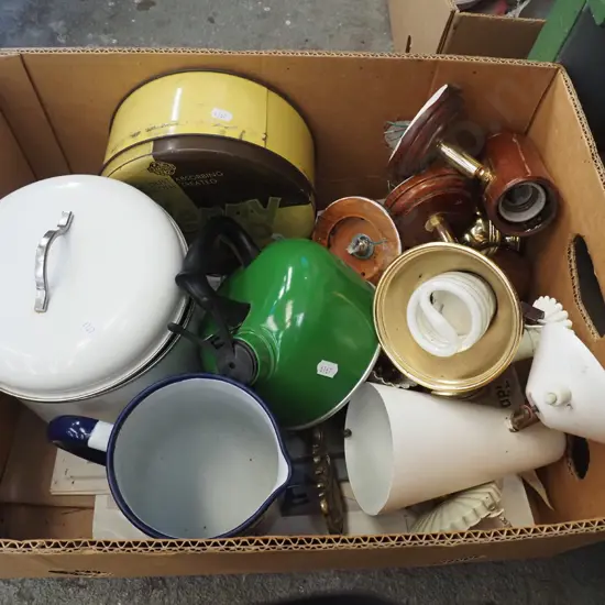 box; light fittings, enamel jug, tins etc