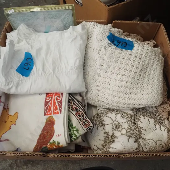 box; tea towels, tablecloths, napkins