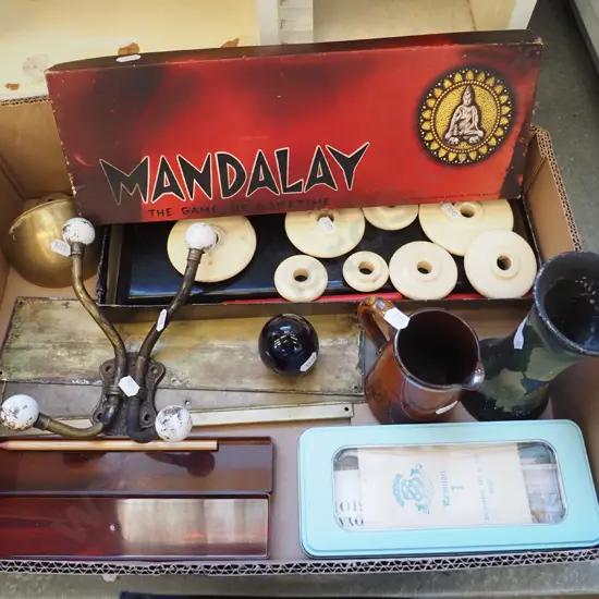 box; mandalay game, coat hooks, brass door finger plates etc