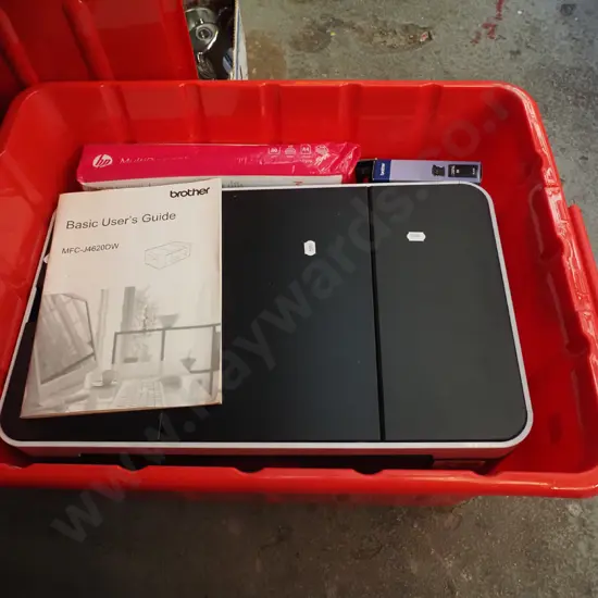 red plastic tub ; Brother printer, cartridges