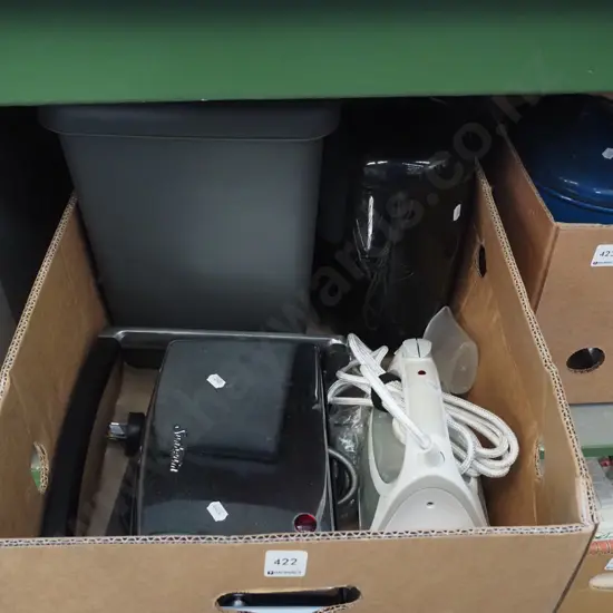 box; toastie pie machine, iron, flip top rubbish bin etc