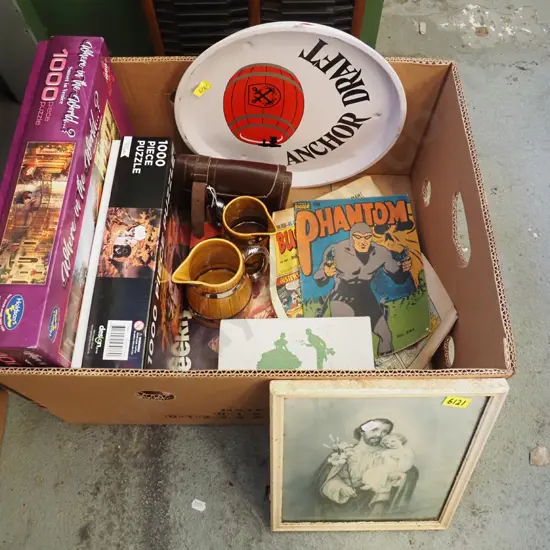 box; puzzles, prints, tray etc