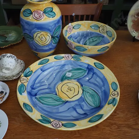 Christine Harris yellow rose  hand painted bowls and vase H-310
