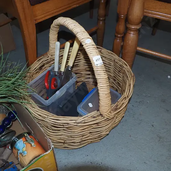 cane basket, storage containers, scissors, cutlery