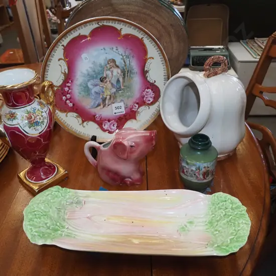 romance scene wall hanging plate, vase, large salt pig etc