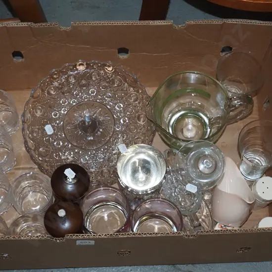 box; cake stands, water jugs, glasses etc
