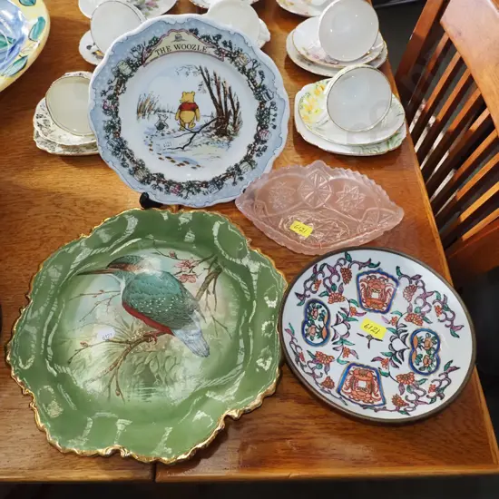 Doulton Winnie The Pooh plate, pink depression glass dish, kingfisher plate etc