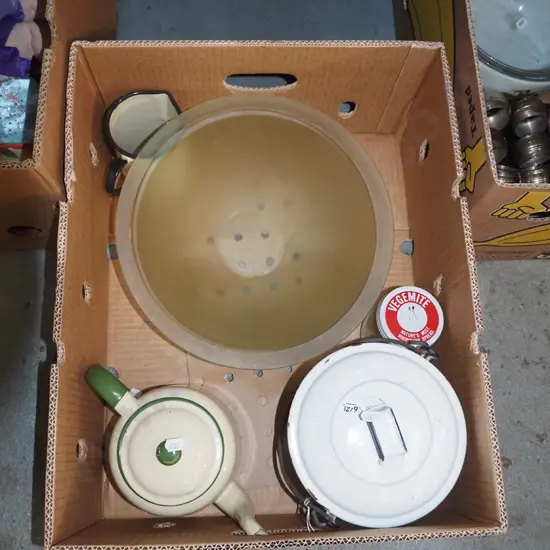 box; glass bowl, enamel jug, lidded pail etc