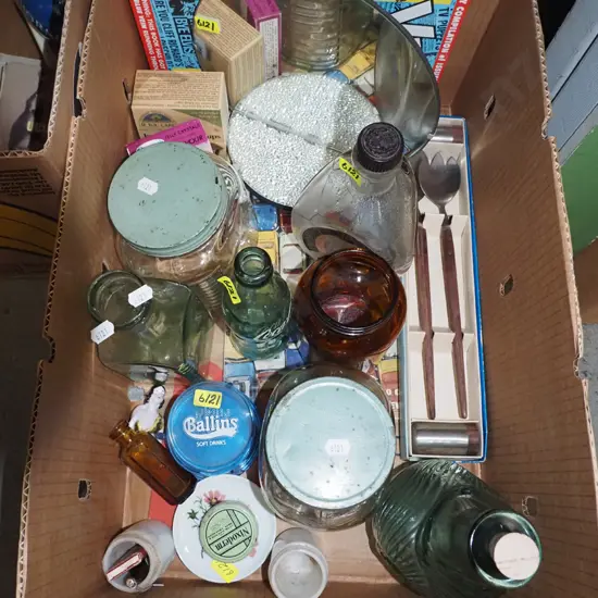 box; vintage canisters, salad servers, mirrored wall shelf etc