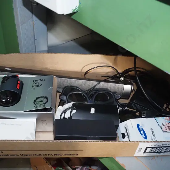 box; small sound bar, 3D TV glasses, dash cam etc