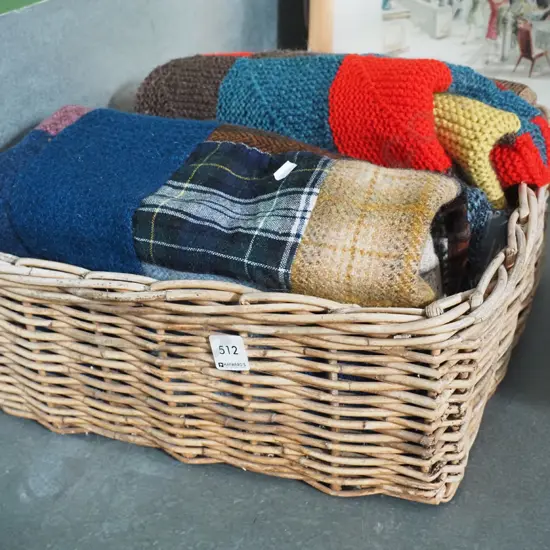 cane basket; various blankets etc