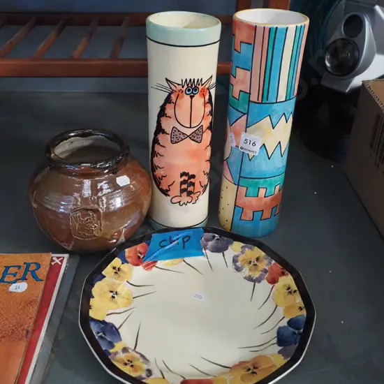 2x vases, pottery bowl, pansy plate- chip