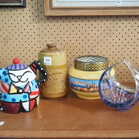 cat themed tea for one, studio glass basket, rose bowl, lidded tea canister