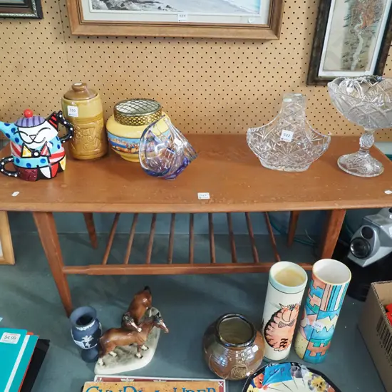 mid-century coffee table with dowel magazine rack - varnish needs attention H-410 W-1050 D-400