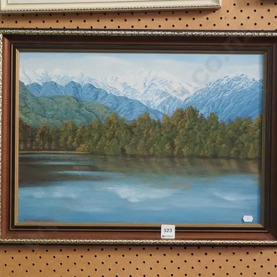 framed oil - lake and moutain scene