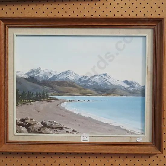framed oil - lake and moutain scene