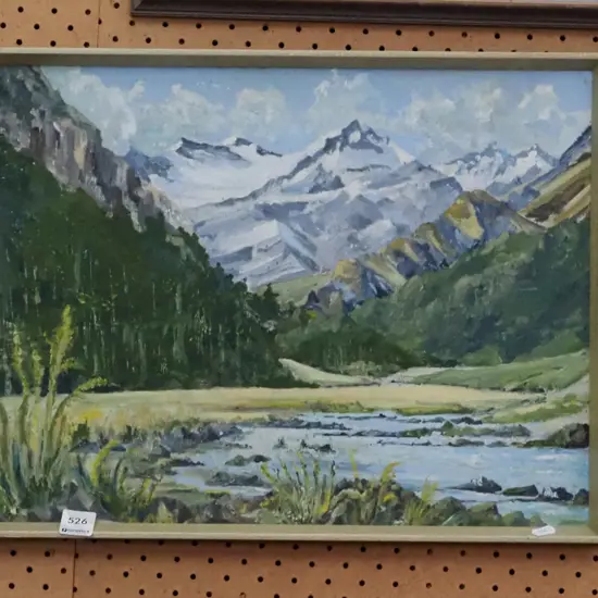 framed oil - river and mountain scene