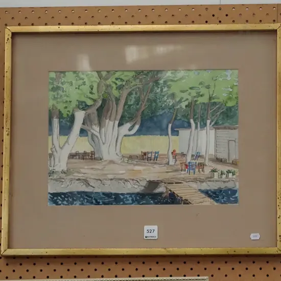 framed watercolour - trees and jetty