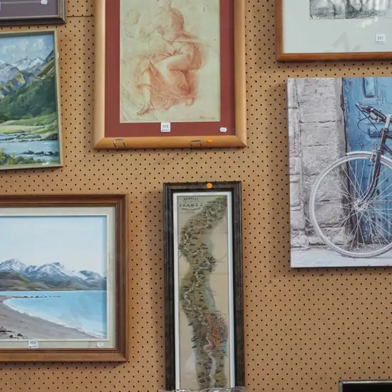 2x framed prints - mother and child, River Thames - orange dots