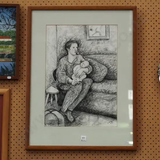 JK Weir - framed charcoal - mother and child
