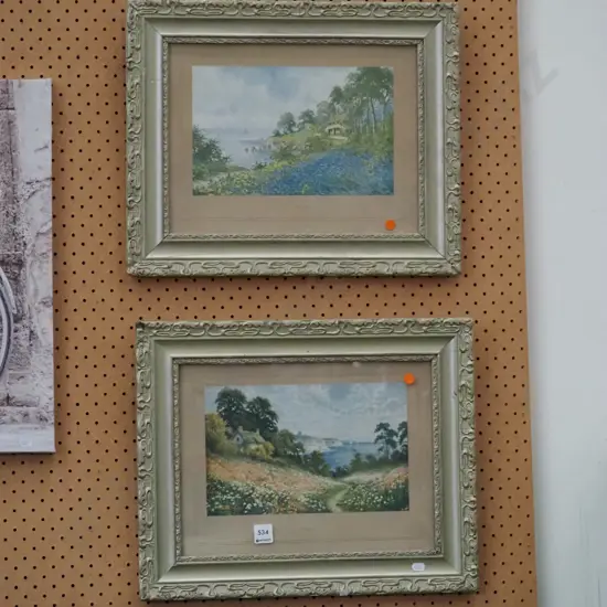 2x framed prints - country scenes - orange dots