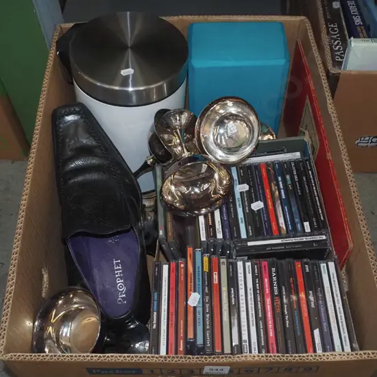 box; plated goblets, gents shoes, foam block, CDs etc