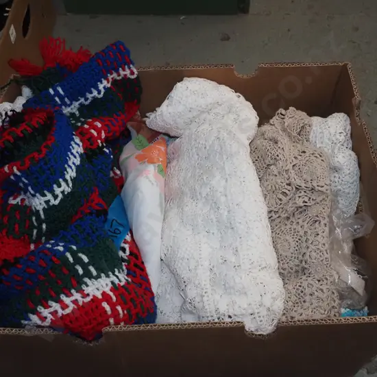 box; tablecloths, crochet blanket etc